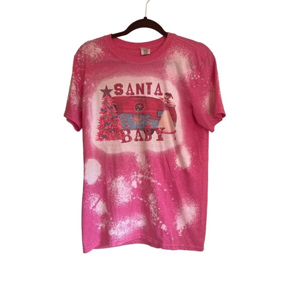 Santa Baby Pink Bleached Christmas Graphic T-Shirt Gildan Softstyle M - Picture 1 of 4